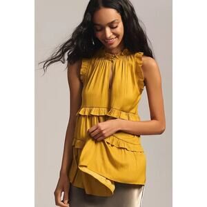 By Anthropologie Tiered Ruffle Trim Sleeveless Blouse Yellow Women's Size XL